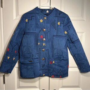 Lambrini Womens Multicolor Floral Pockets Long Sleeve Casual Jacket Sz S Blue